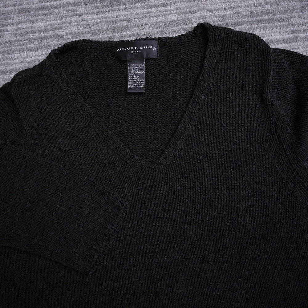 August Silk Knits Black V-Neck Sweater Womens Large 3/4 Sleeve‎ Cotton Blend L